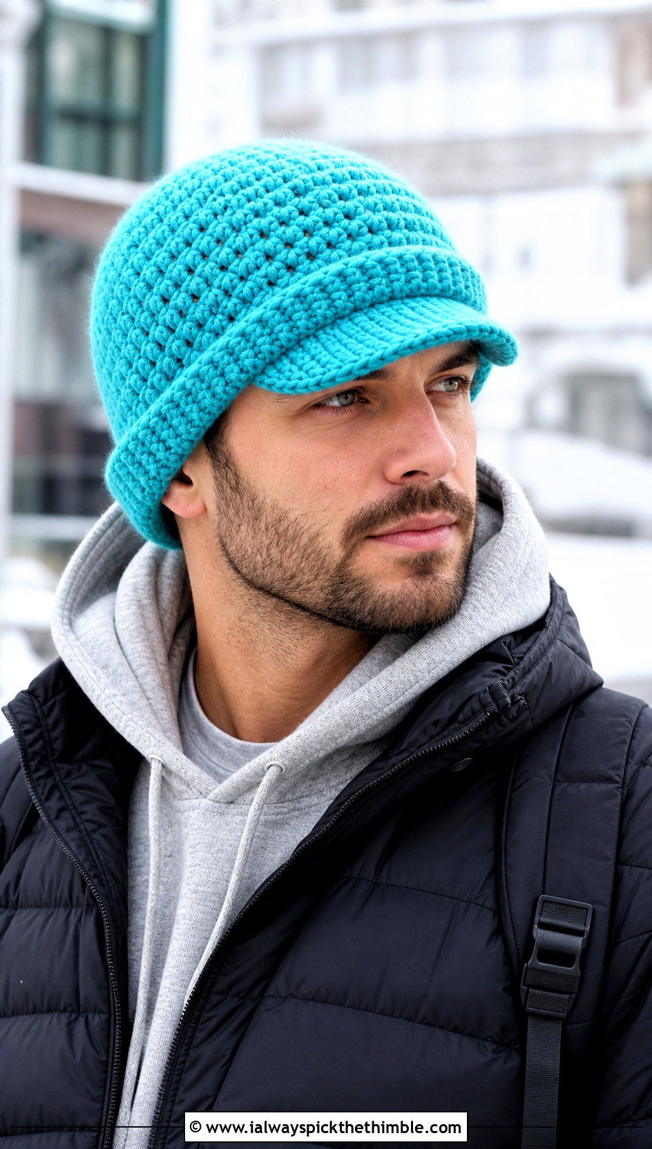 Roll Brim Crochet Beanie Hat With Puffer Jacket - 15 Crochet Mens Hat With Brim outfit ideas