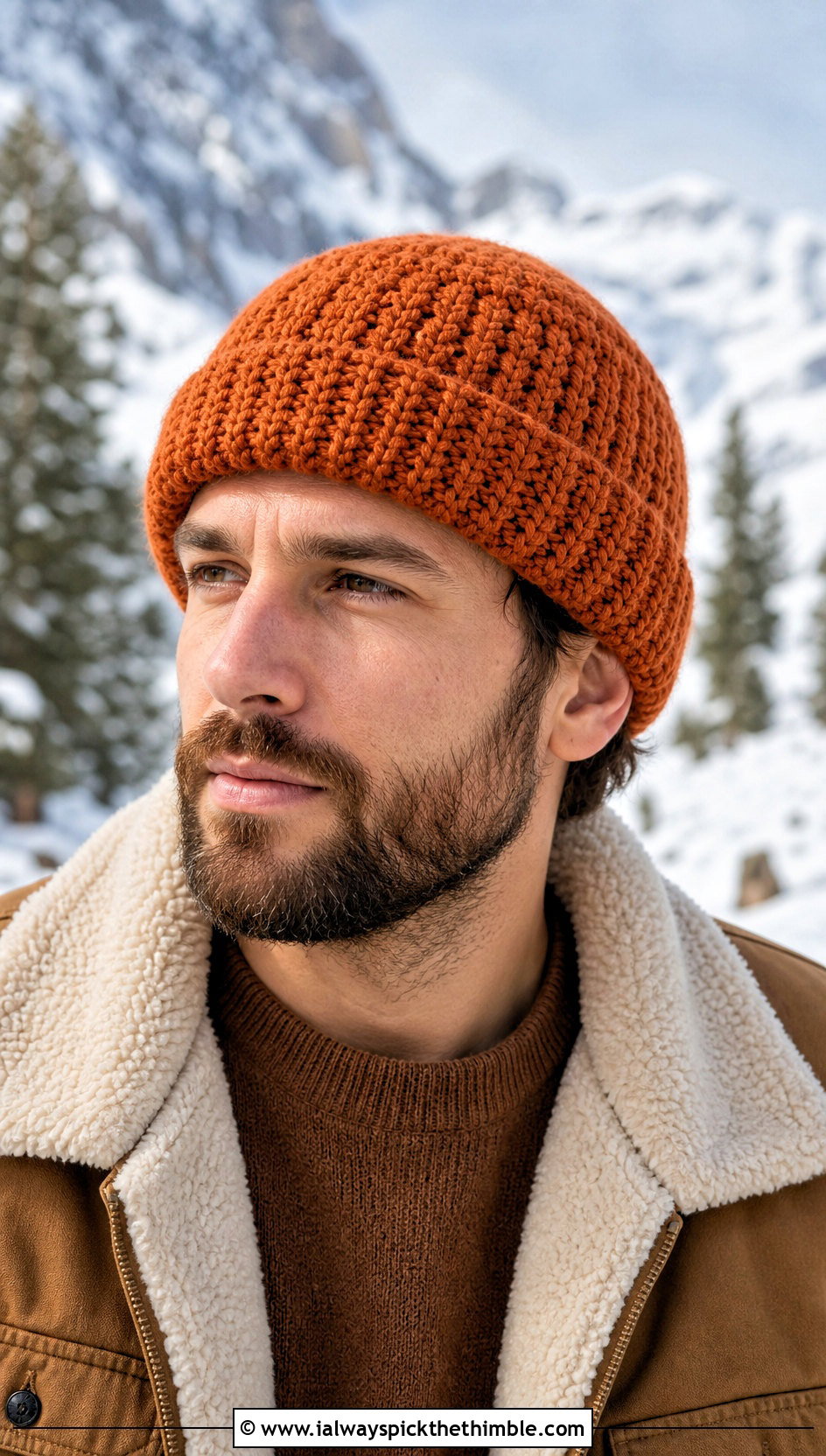 Roll Brim Crochet Beanie With Sherpa Jacket - 25 men's crochet hat outfit ideas