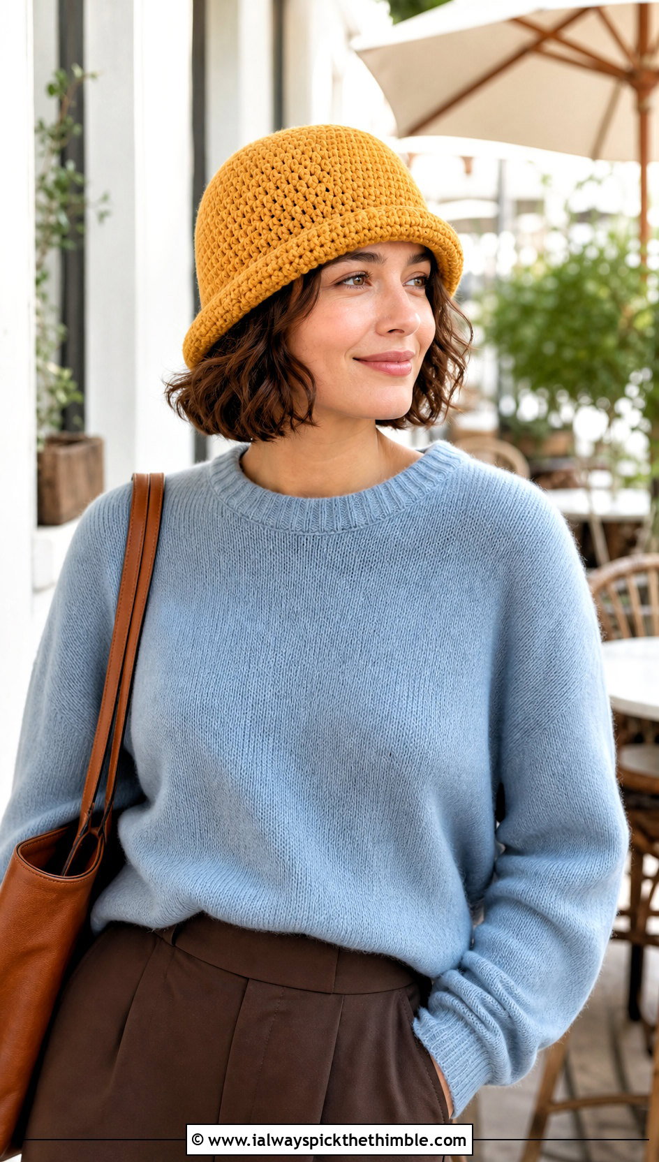 Roll Brim Crochet Cloche Hat With Sweater And Trousers - 25 crochet cloche hat outfit ideas