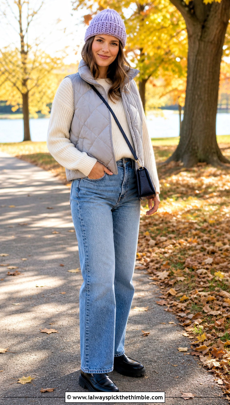Roll Brim Crochet Hat With Puffer Vest And Jeans - 20 Crochet Hats With Brim outfit ideas
