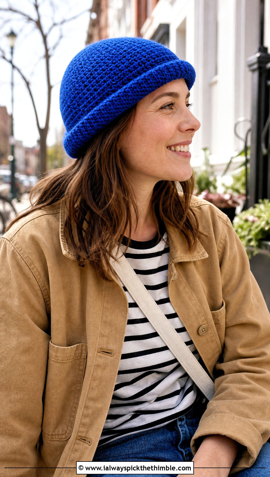 Roll Brim One Skein Crochet Beanie With Chore Jacket And Carpenter Jeans - 20 one skein crochet hat outfit ideas