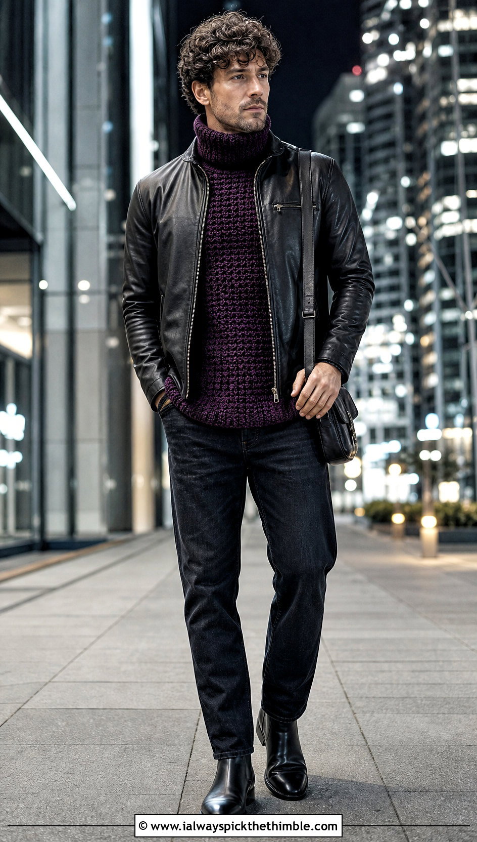 Roll Neck Crochet Jumper With Leather Jacket - 25 men crochet jumper outfit ideas