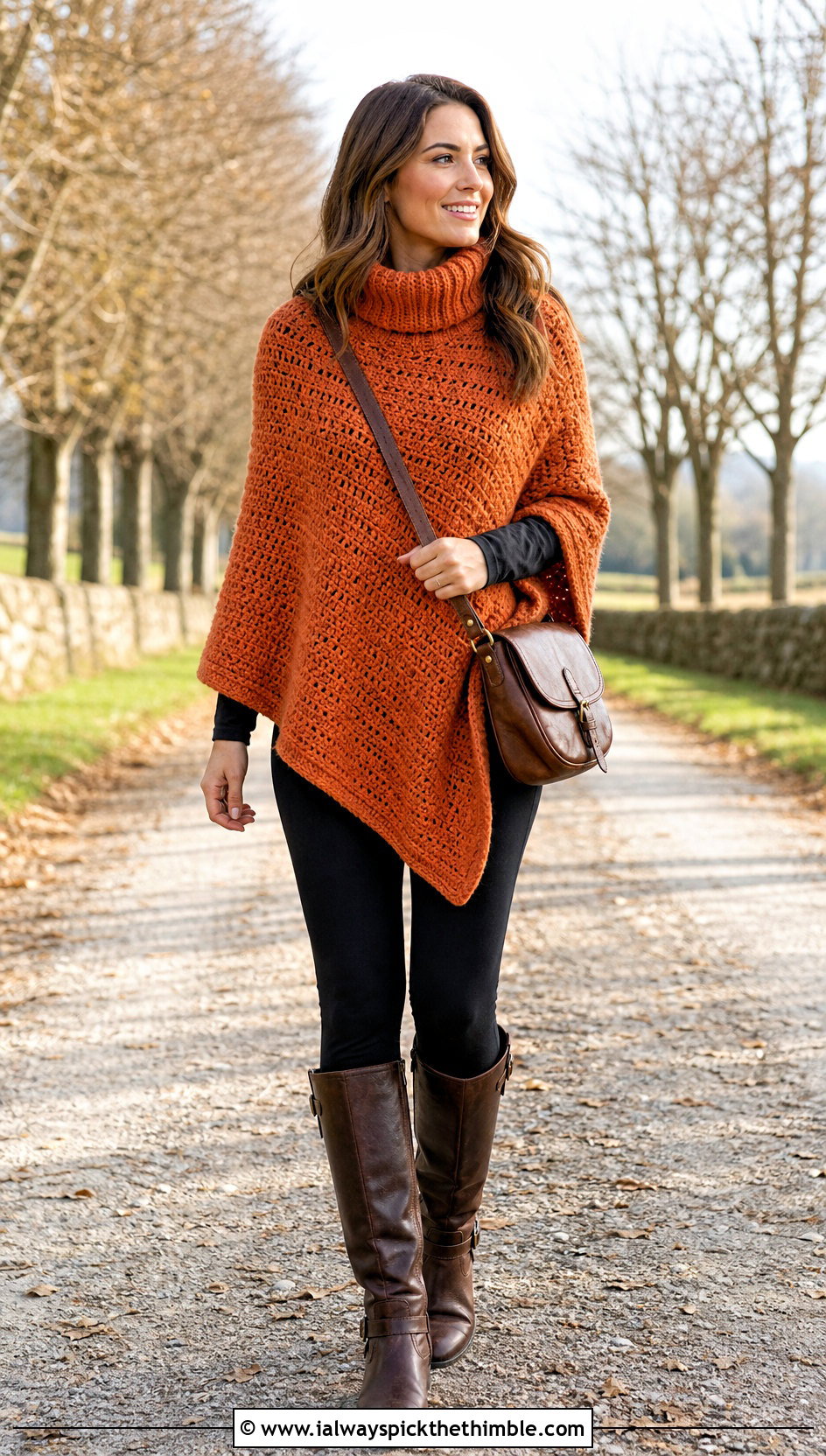 Roll Neck Crochet Poncho With Leggings And Riding Boots - 20 Crochet Poncho With Collar outfit ideas