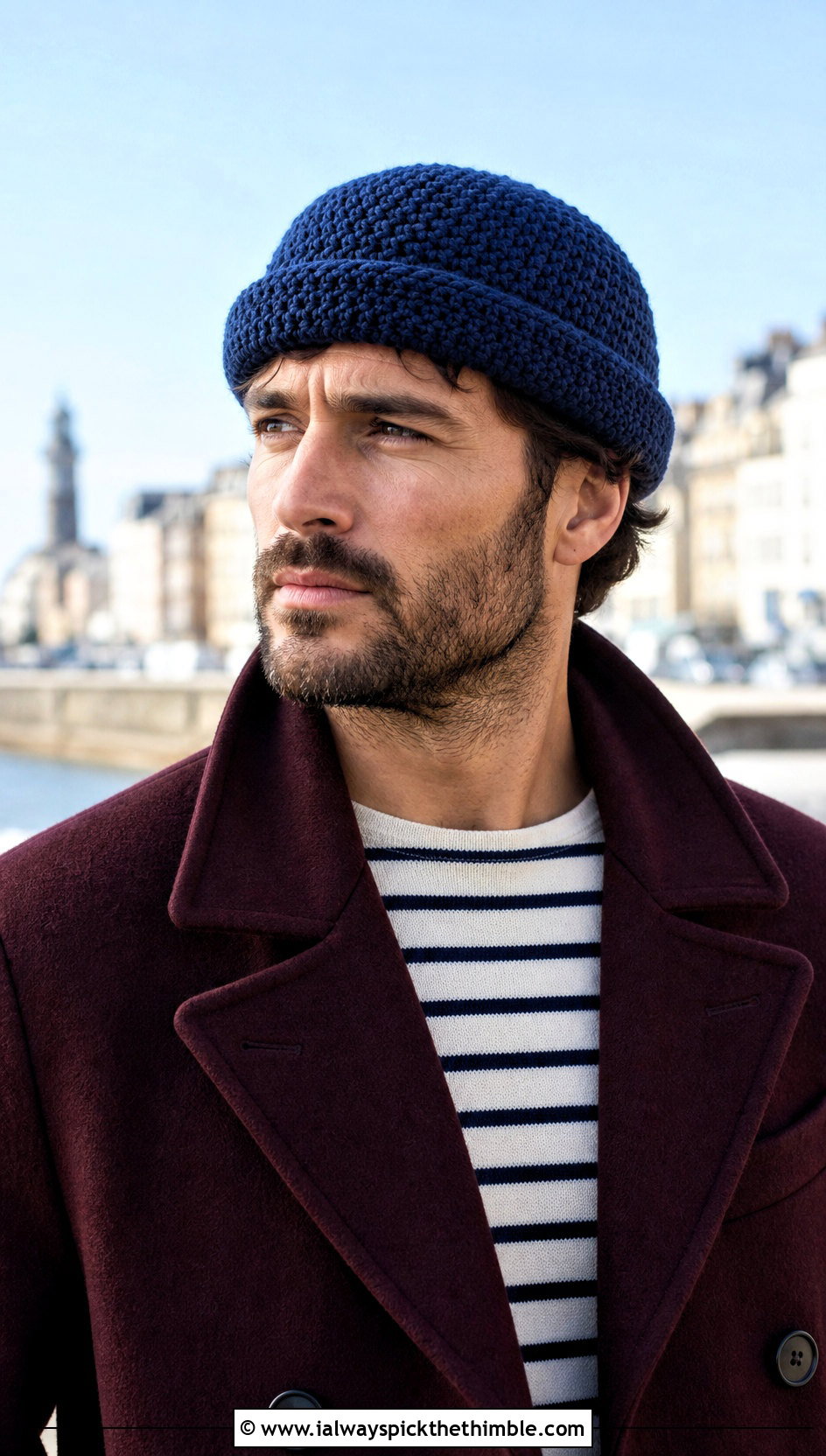 Rolled Brim Crochet Beanie With Peacoat - 25 crochet beanie for men outfit ideas