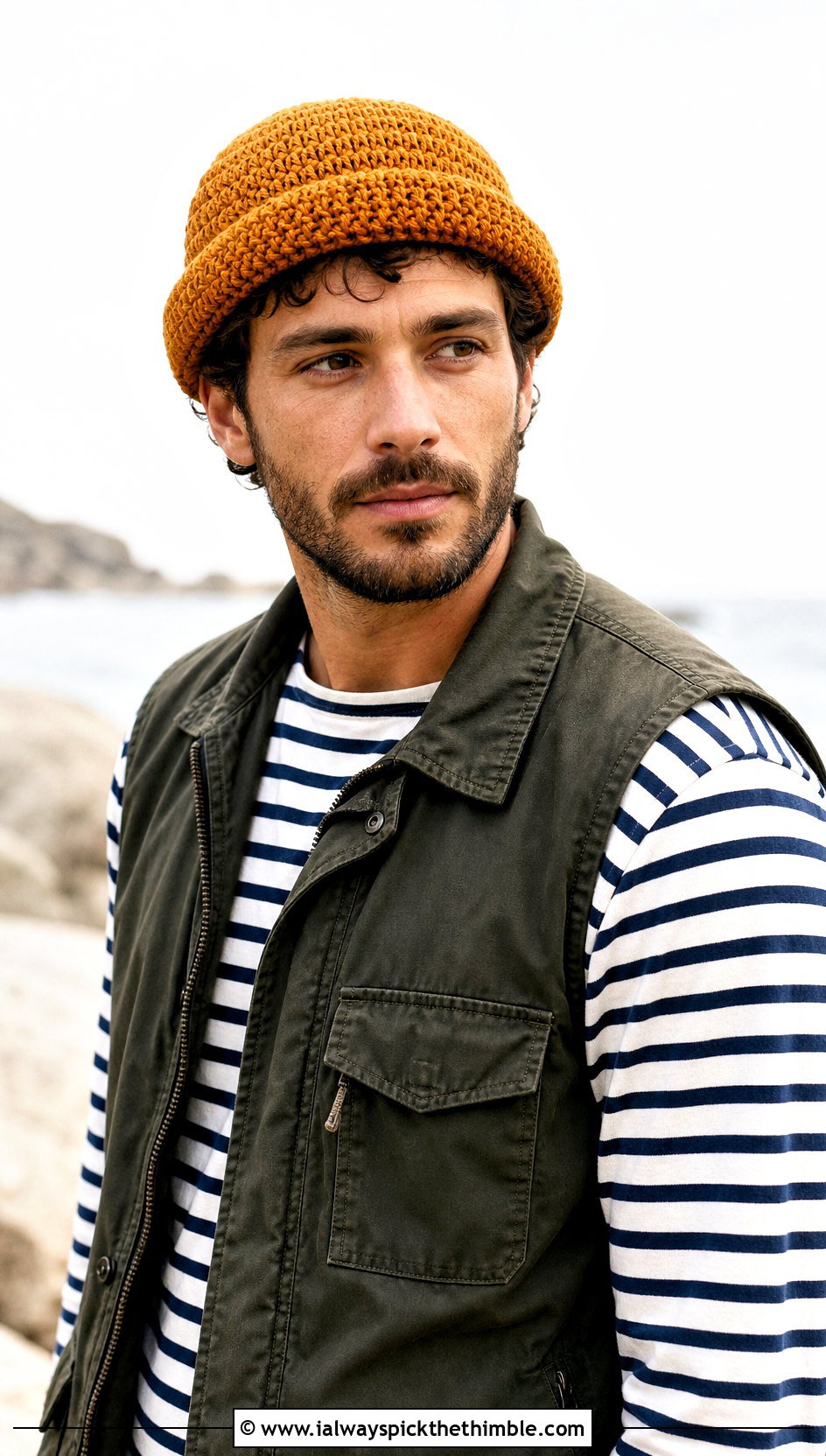 Rolled Brim Crochet Beanie With Utility Vest - 25 Men Crochet Beanie outfit ideas