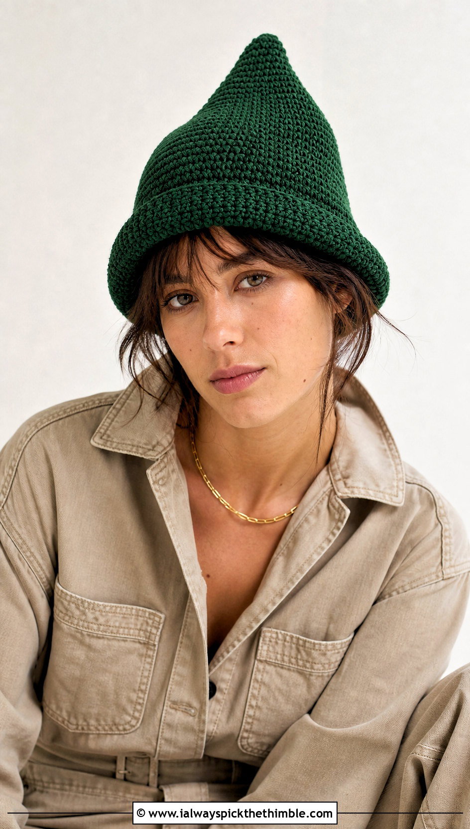 Rolled Brim Crochet Pointed Hat With Utility Jumpsuit - 20 Crochet Pointed Hat outfit ideas