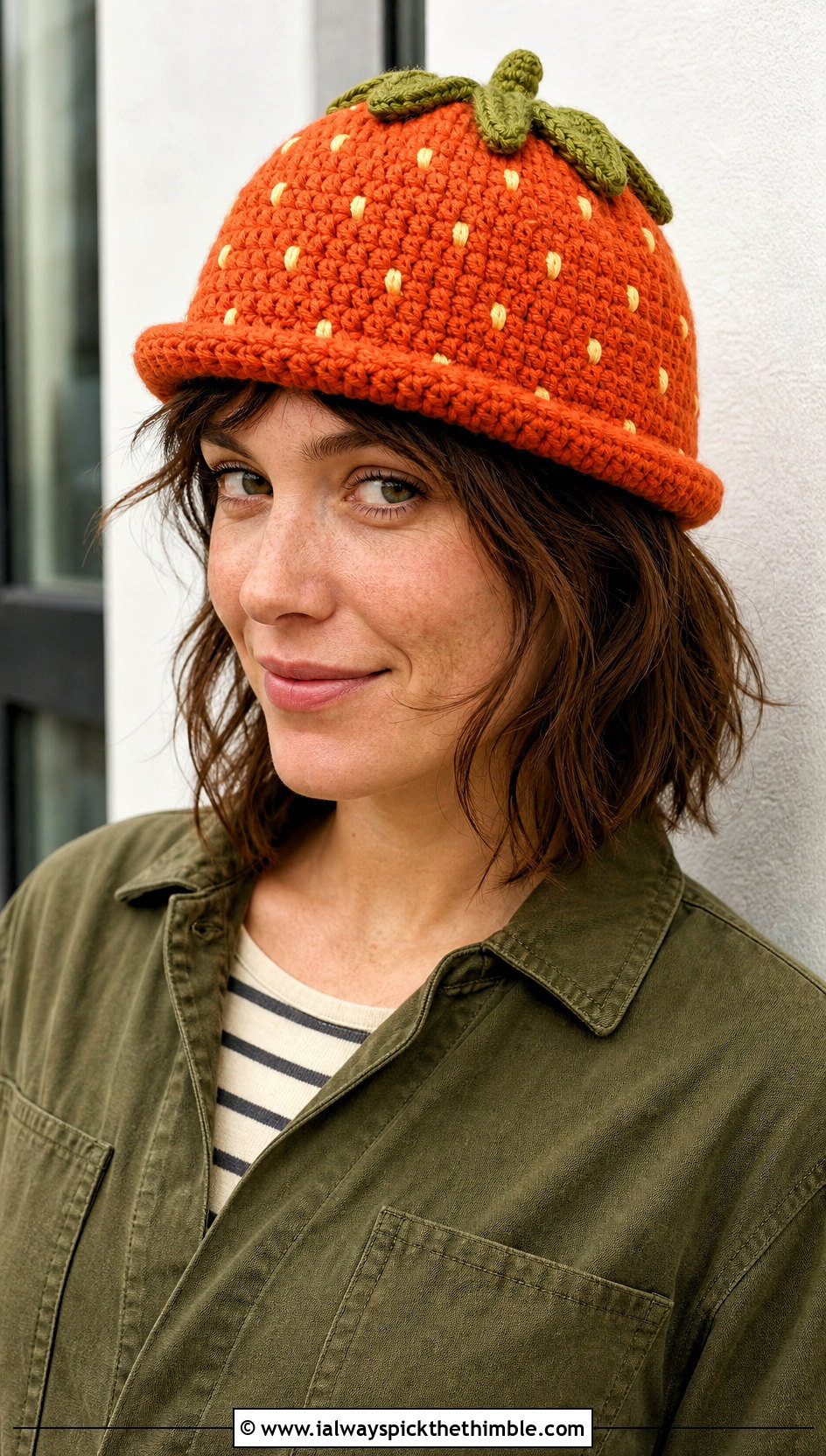 Rolled Brim Crochet Strawberry Beanie With Utility Jumpsuit - 20 Crochet Strawberry Beanie outfit ideas