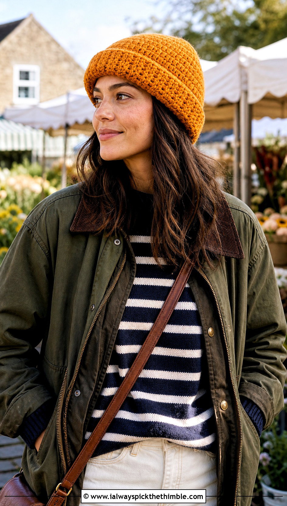 Rolled Brim Crocheted Beanie With Barn Jacket And White Jeans - 25 crocheted beanie outfit ideas