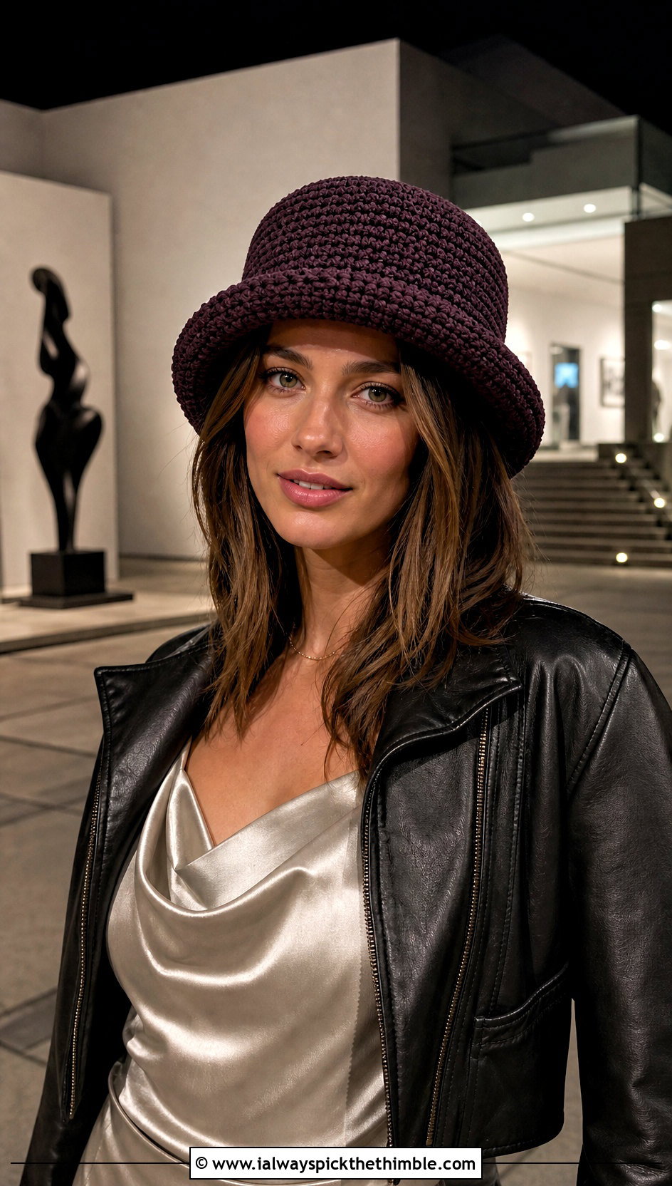 Rolled Brim HDC Hat With Leather Jacket And Satin Skirt - 20 hdc crochet hat outfit ideas