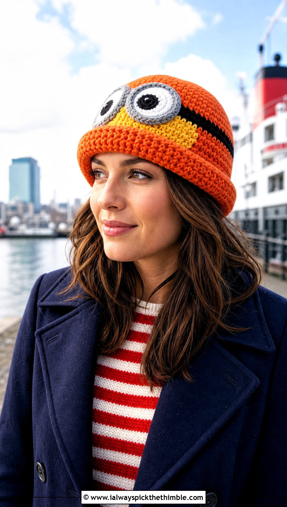 Rolled Brim Minion Crochet Beanie With Peacoat - 20 minion crochet beanie outfit ideas