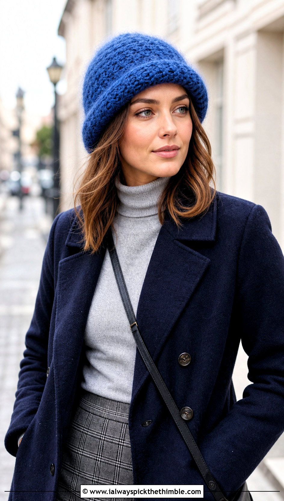 Rolled Brim Mohair Crochet Beanie With Peacoat And Mini Skirt - 25 Mohair Crochet Hat outfit ideas