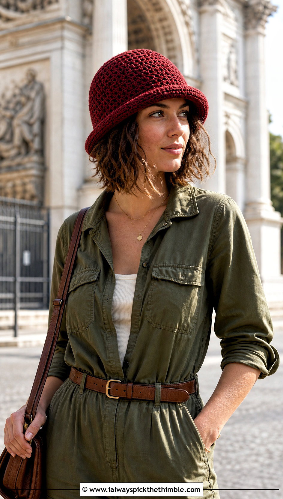Rolled Brim Red Crochet Bucket Hat With Utility Jumpsuit - 20 red crochet bucket hat outfit ideas