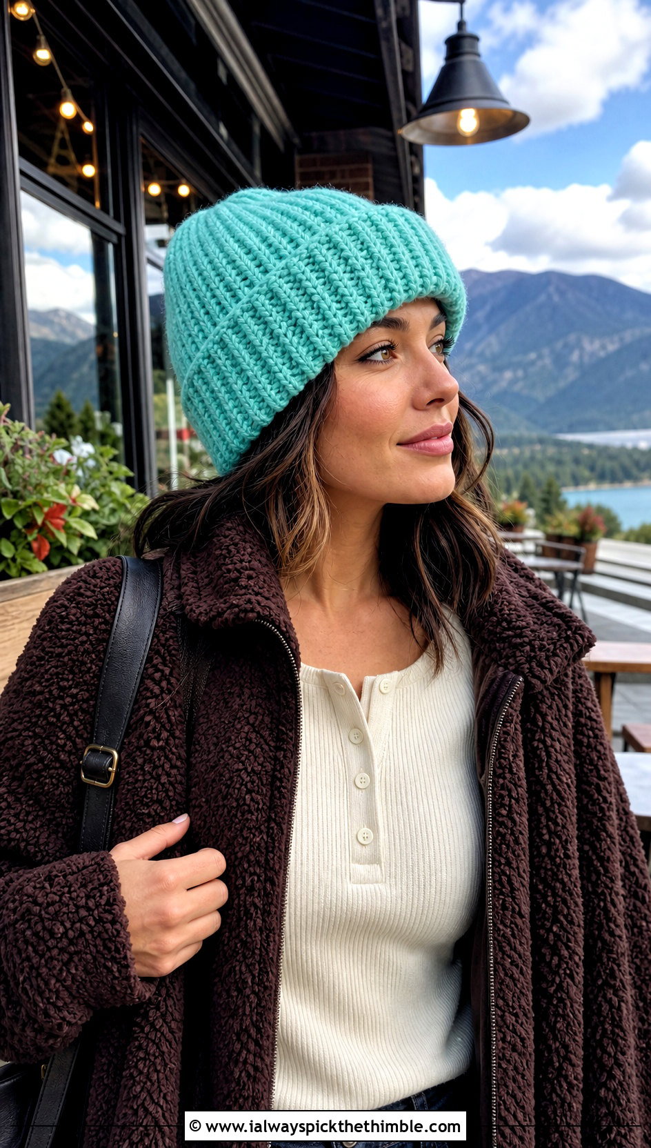 Rolled Cuff Chunky Ribbed Crochet Beanie With Sherpa Jacket - 20 Chunky Ribbed Crochet Hat outfit ideas