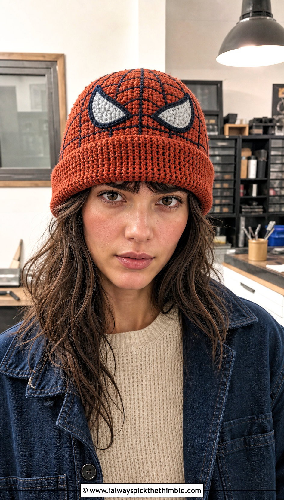 Rolled Cuff Crochet Spider Man Beanie With Workwear Outfit - 25 crochet spider man beanie outfit ideas