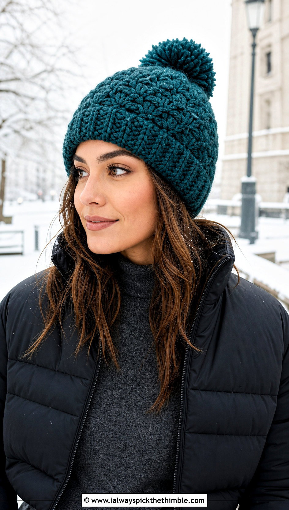 Rolled Rim Pom Pom Toque With Puffer Jacket - 15 Crochet Crowd Hat outfit ideas