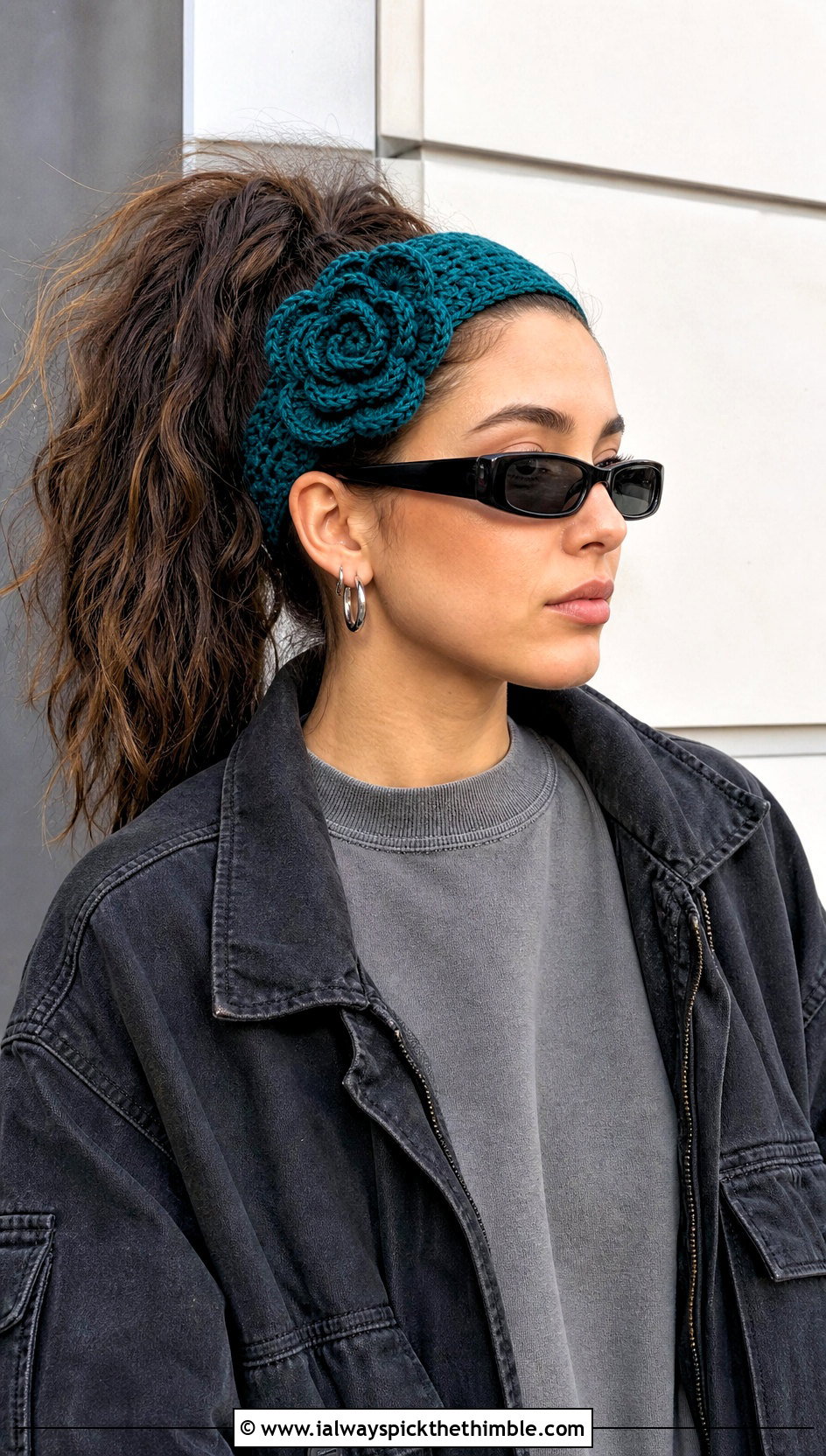 Rose Accent Crochet Flower Headband With Cargo Pants - 25 crochet flower headband outfit ideas