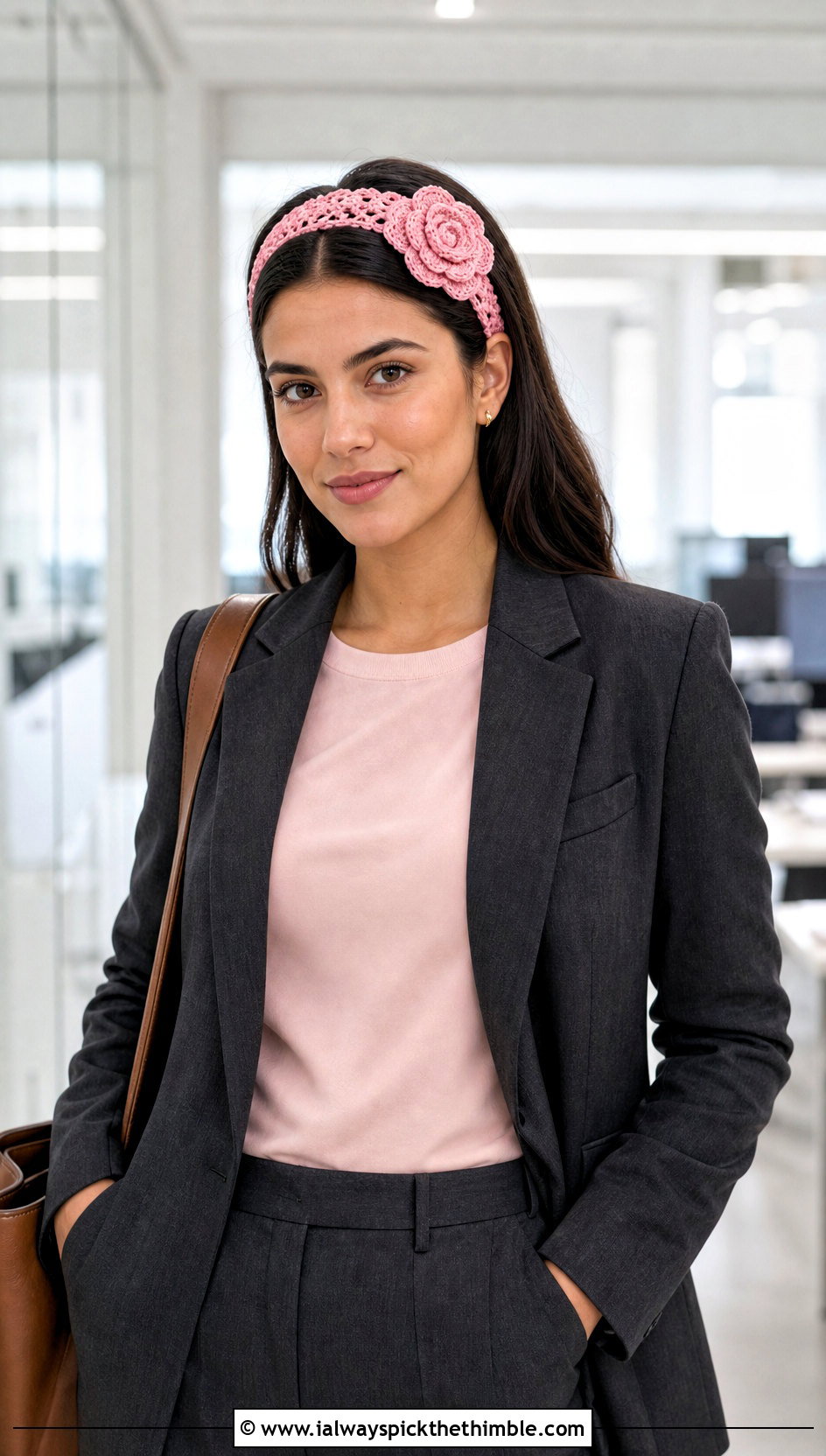 Rose Accent Wide Headband With Blazer And Trousers - 20 crochet headband with flower outfit ideas