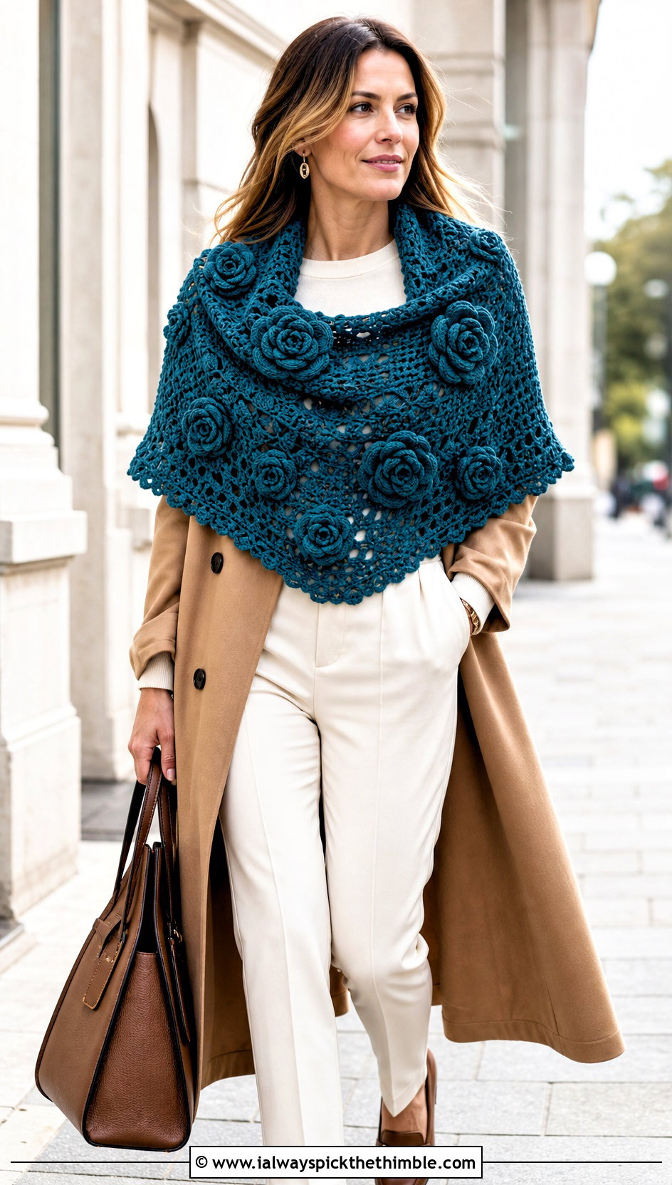 Rose Applique Crescent Shawl With Trench Coat And Trousers - 15 Crochet Flower Shawl outfit ideas