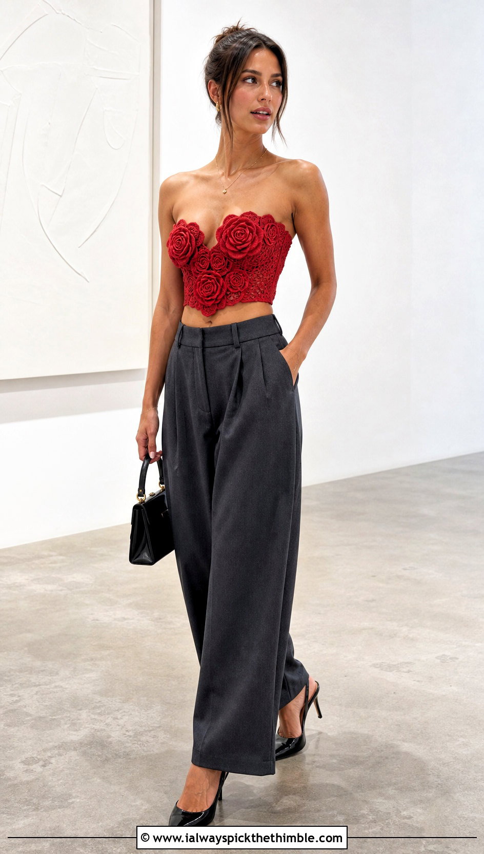 Rose Applique Crochet Bustier Crop Top With Tailored Trousers - 20 crochet flower crop top outfit ideas