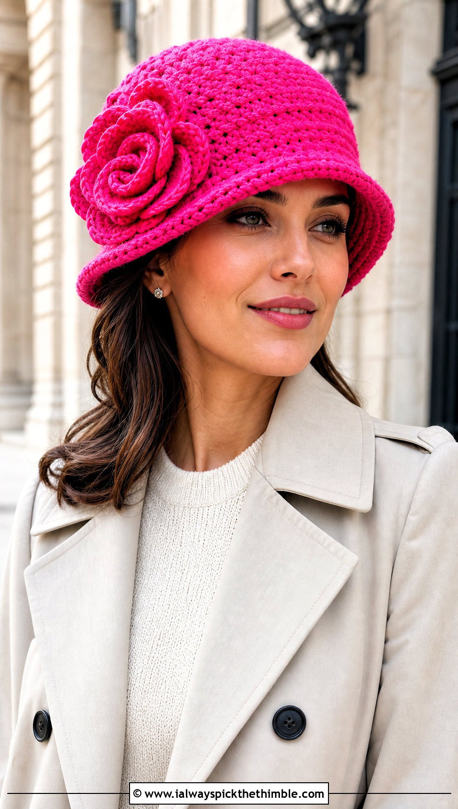 Rose Applique Crochet Cloche Hat With Trench Coat - 20 crochet flower hat outfit ideas
