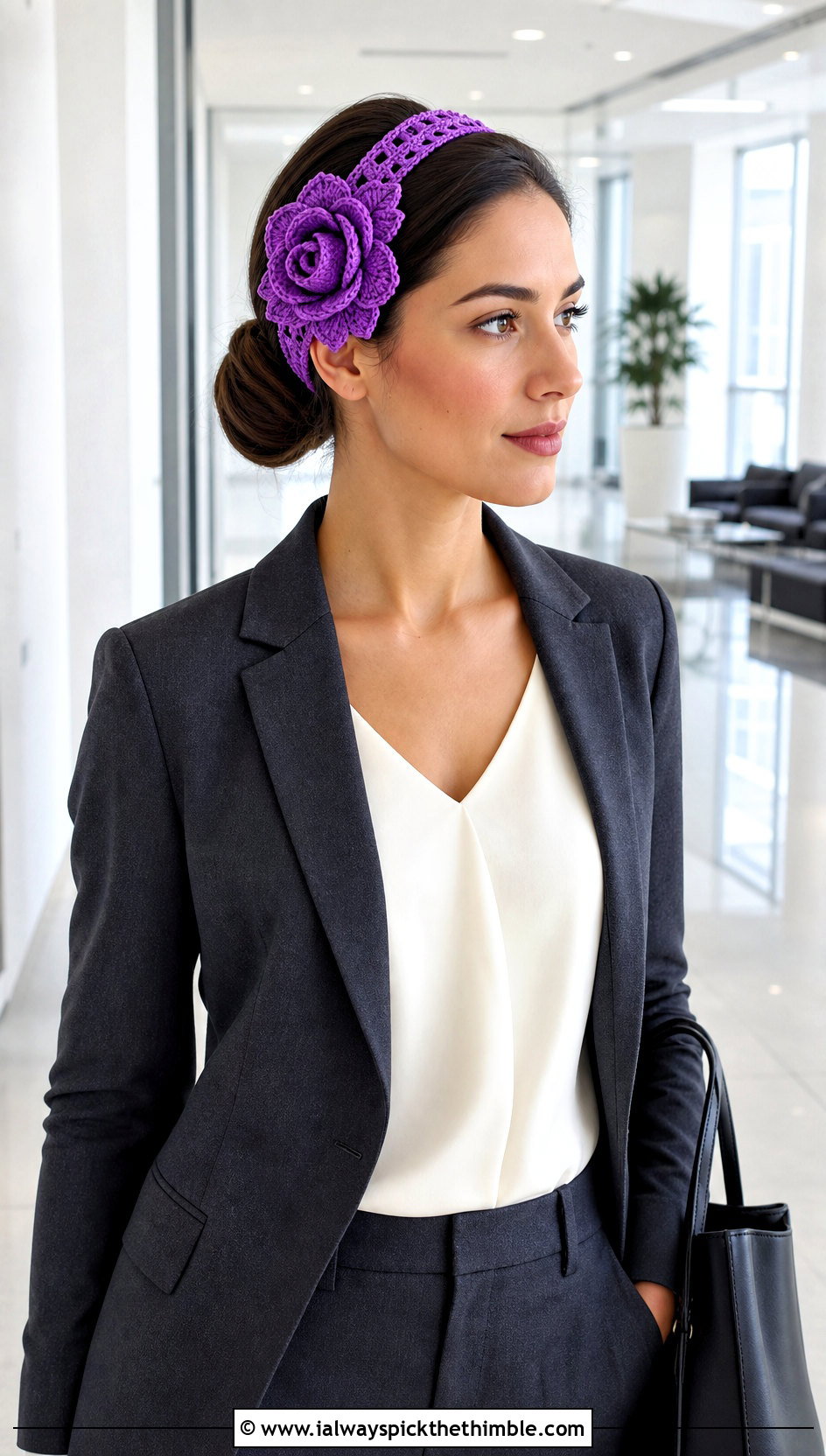 Rose Applique Crochet Flower Headband With Blazer And Trousers - 15 crochet flower embellished headband outfit ideas