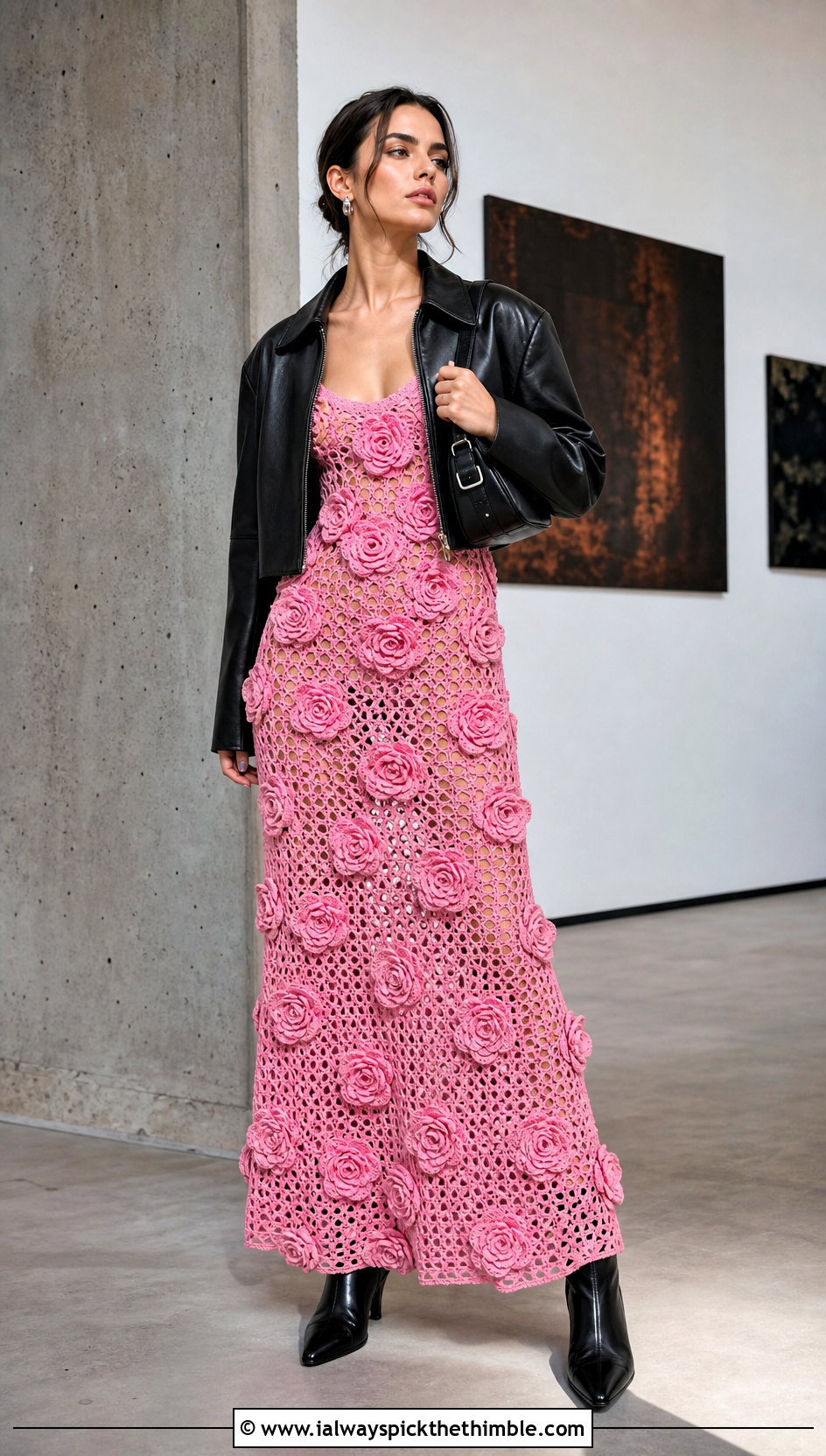 Rose Applique Crochet Maxi Dress With Leather Jacket - 15 vintage floral crochet dress outfit ideas