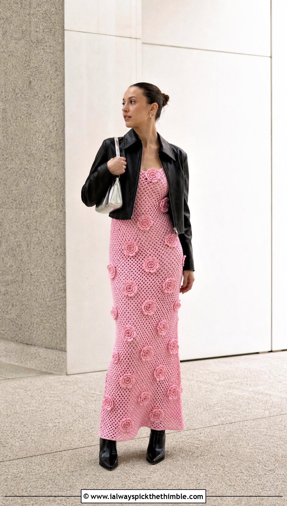 Rose Applique Crochet Maxi Dress With Leather Jacket - 15 floral crochet maxi dress outfit ideas