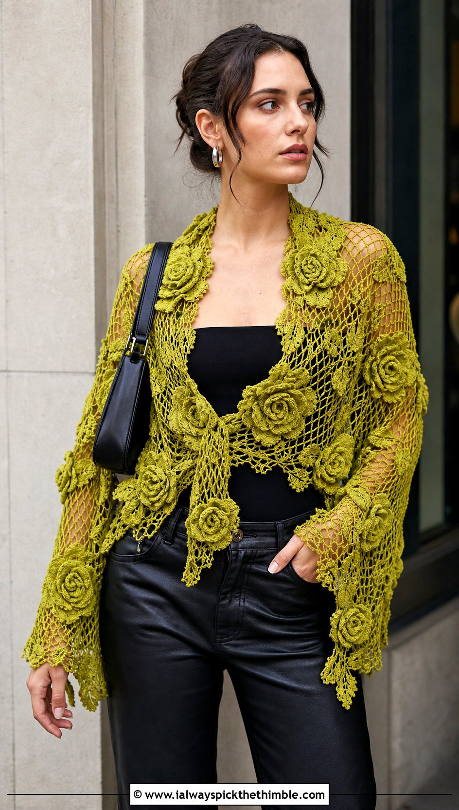 Rose Applique Mesh Shawl With Leather Pants - 20 Crochet Rose Shawl outfit ideas