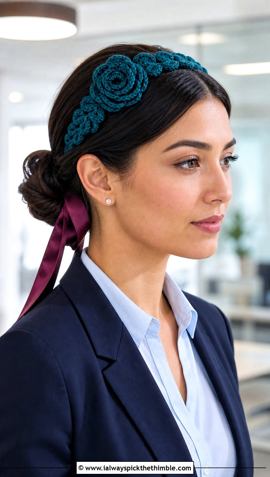 Rose Applique Satin Ribbon Crochet Headband With Trouser Suit - 15 crochet headband with flower and ribbon outfit ideas