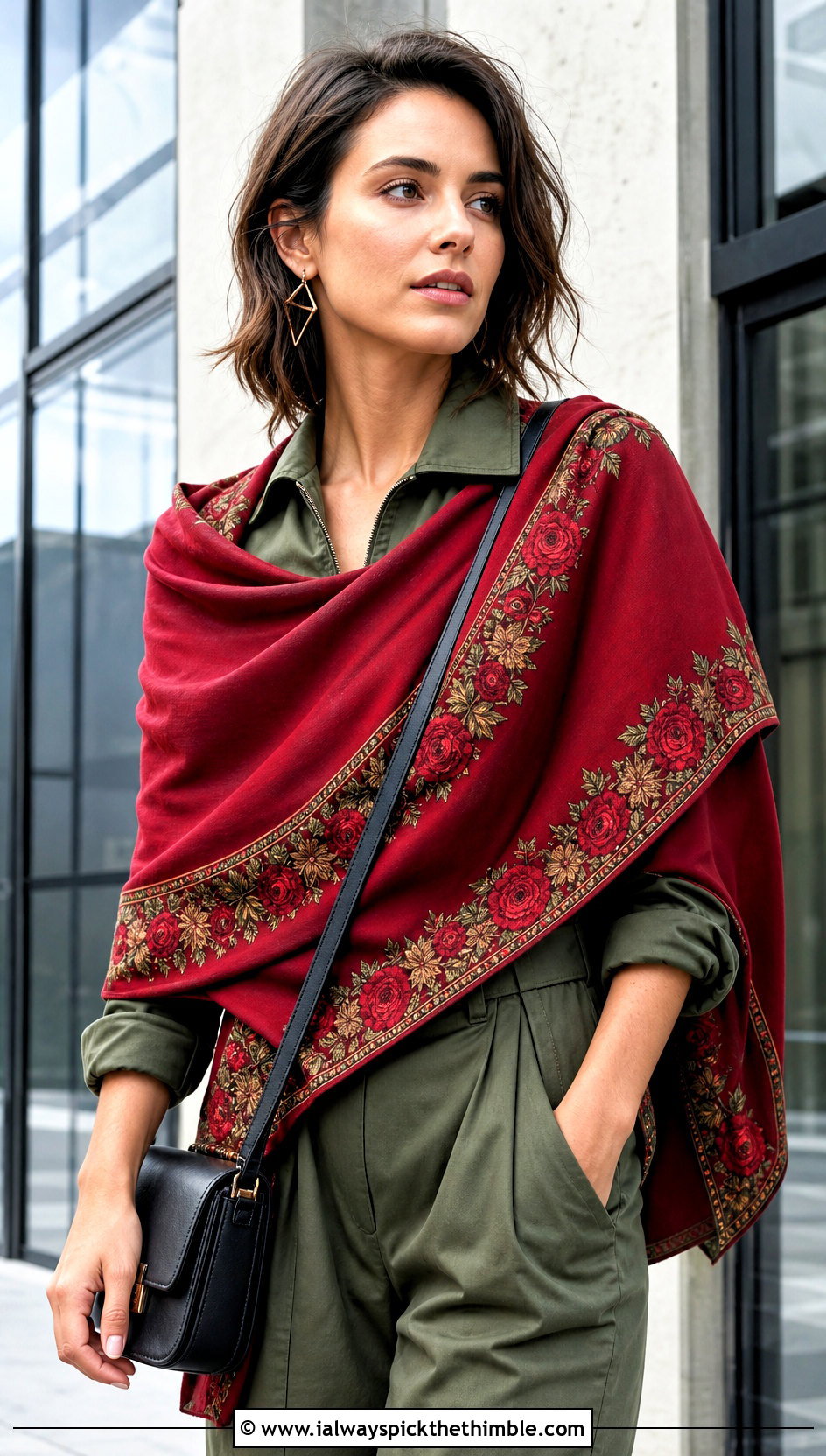 Rose Border Rectangular Wrap With Utility Jumpsuit - 20 Crochet Rose Shawl outfit ideas