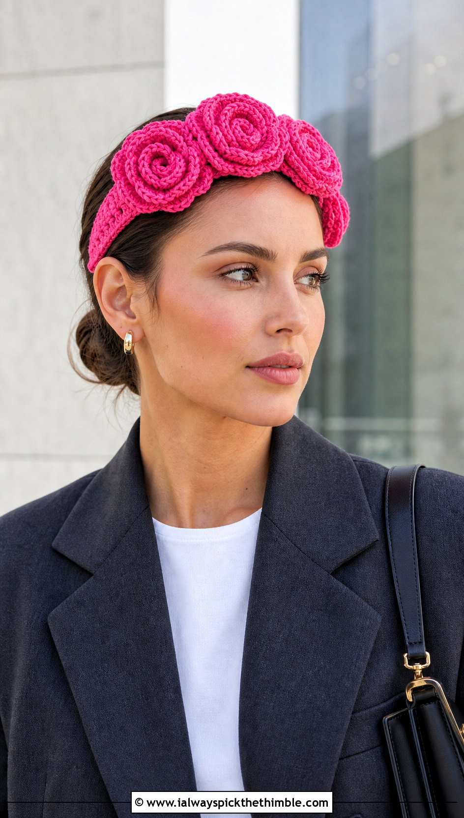 Rose Cluster Crochet Headband With Blazer And Trousers - 25 flower crochet headband outfit ideas