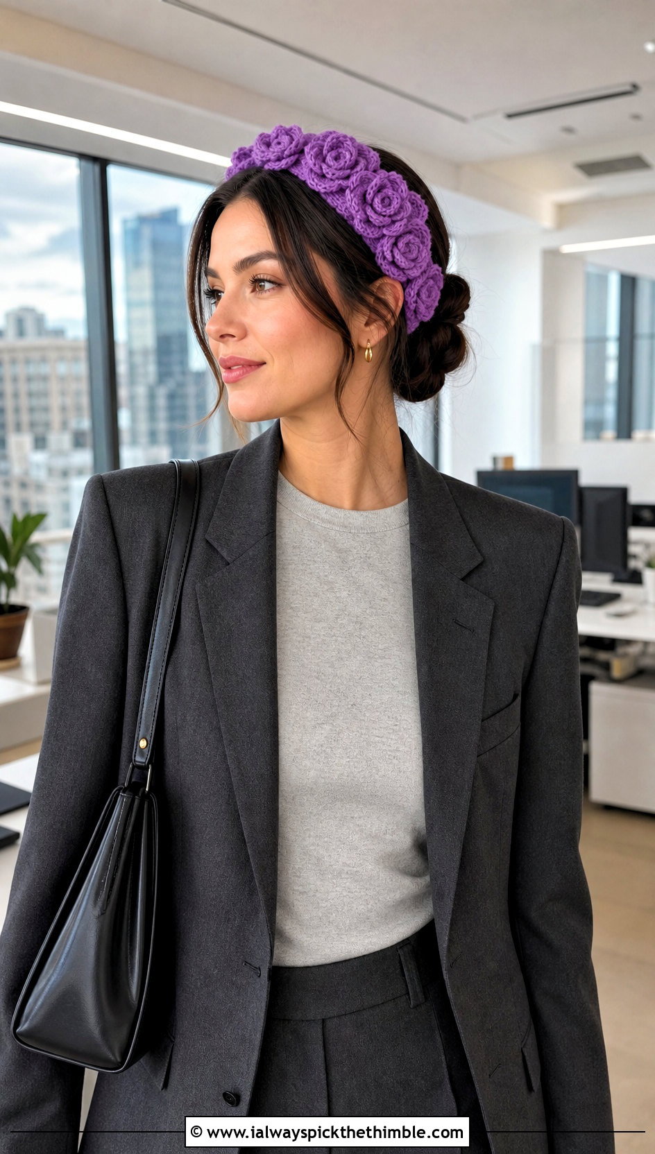 Rose Cluster Wide Headband With Blazer And Trousers - 15 crochet headband with flower design outfit ideas