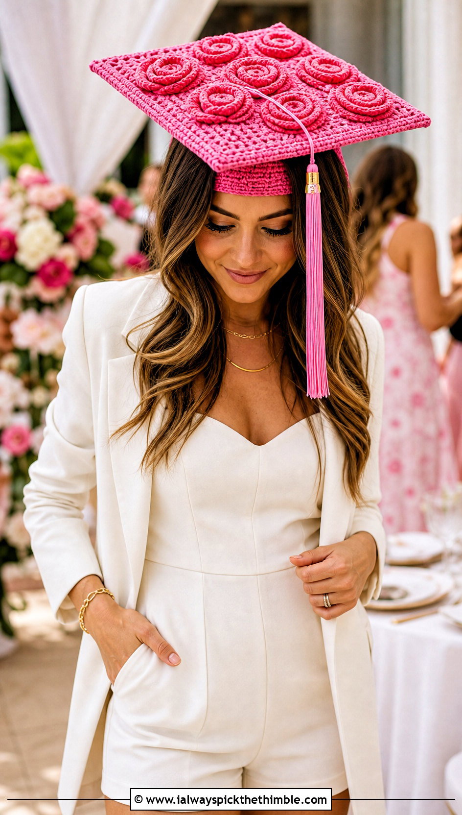 Rose Crochet Graduation Cap With Tailored Romper - 25 crochet graduation cap outfit ideas