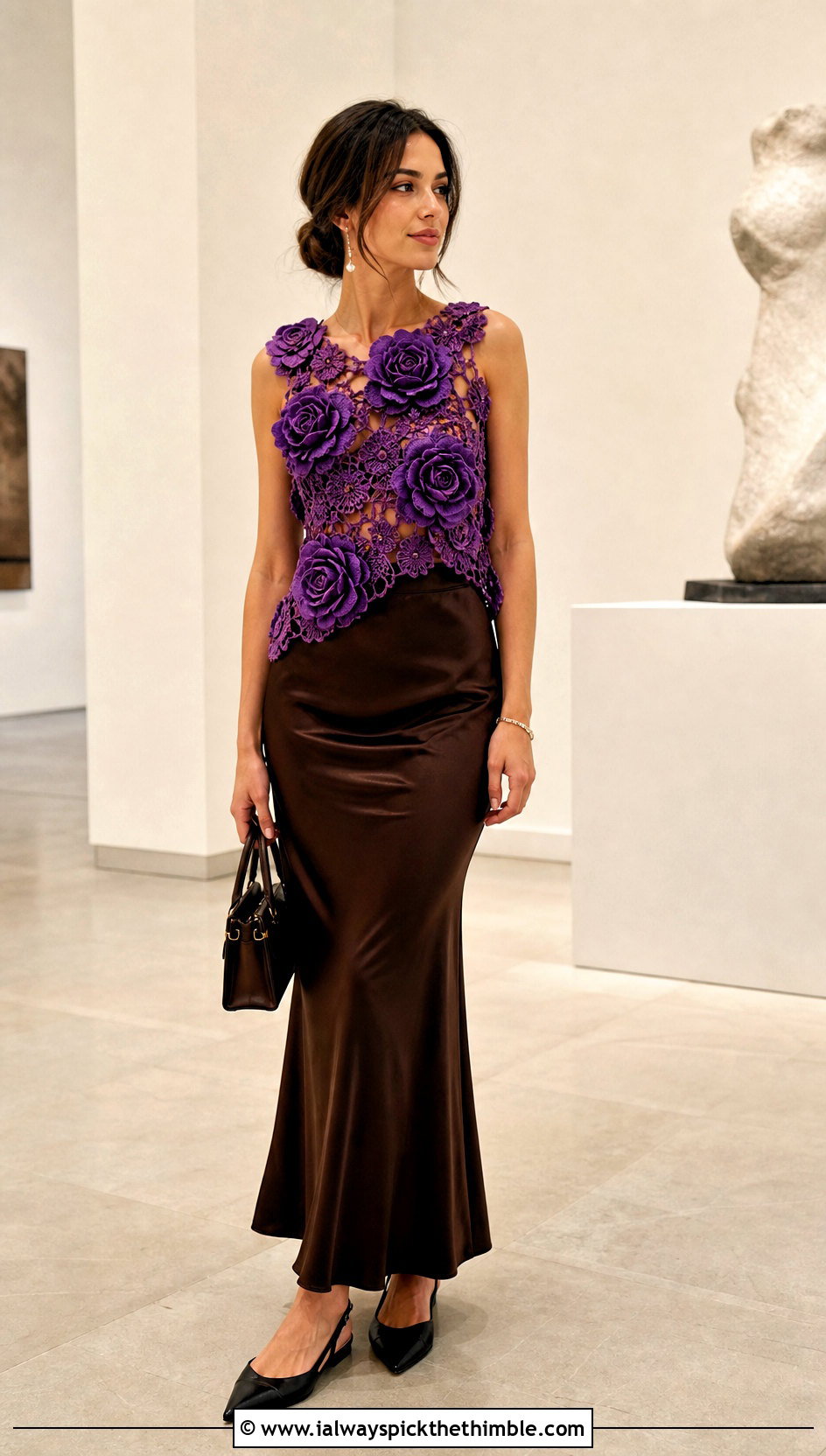 Rose Crochet Motif Top With Satin Slip Skirt - 20 crochet motif top outfit ideas