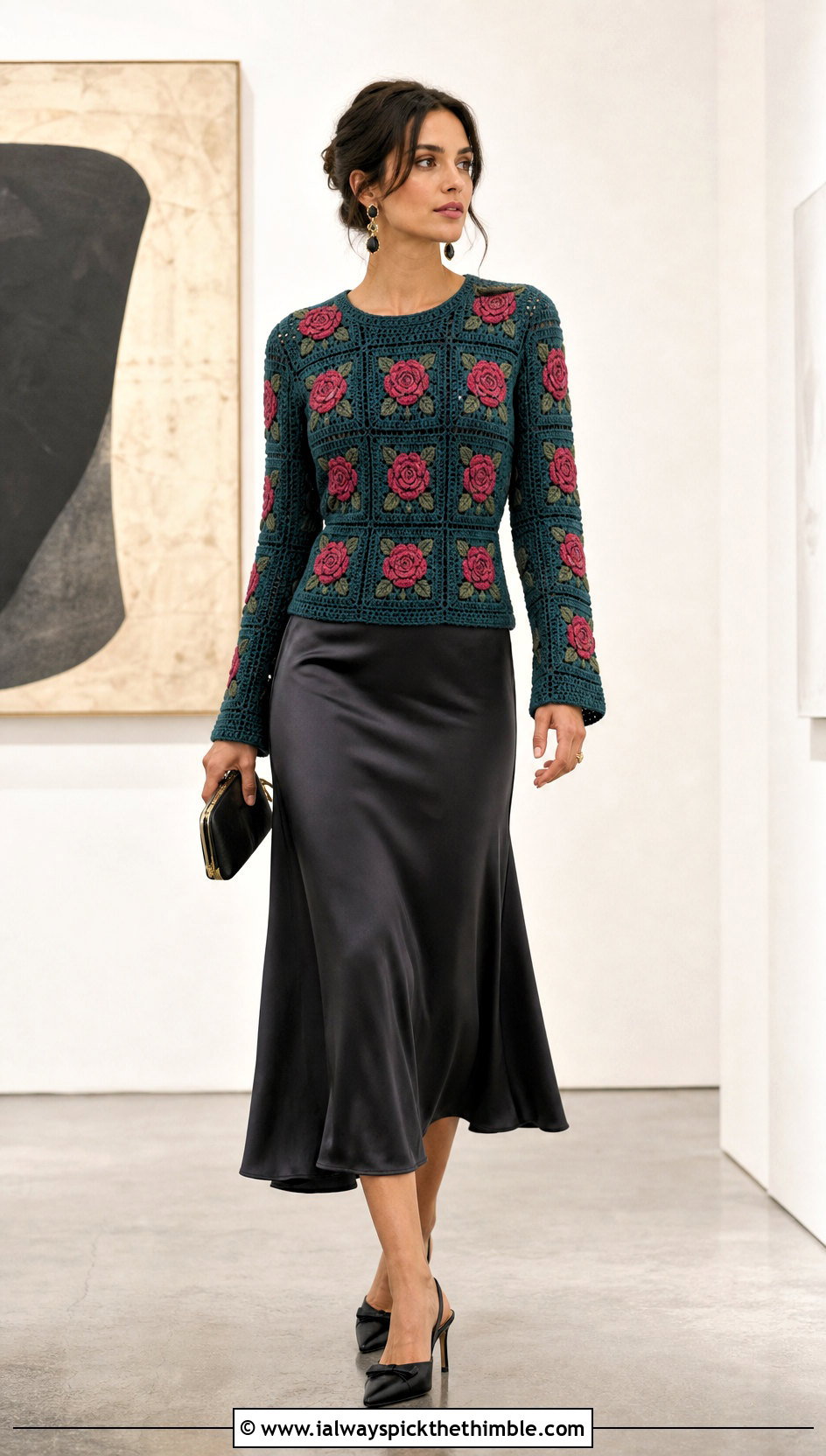 Rose Flower Granny Square Sweater With Satin Midi Skirt - 20 flower granny square sweater outfit ideas