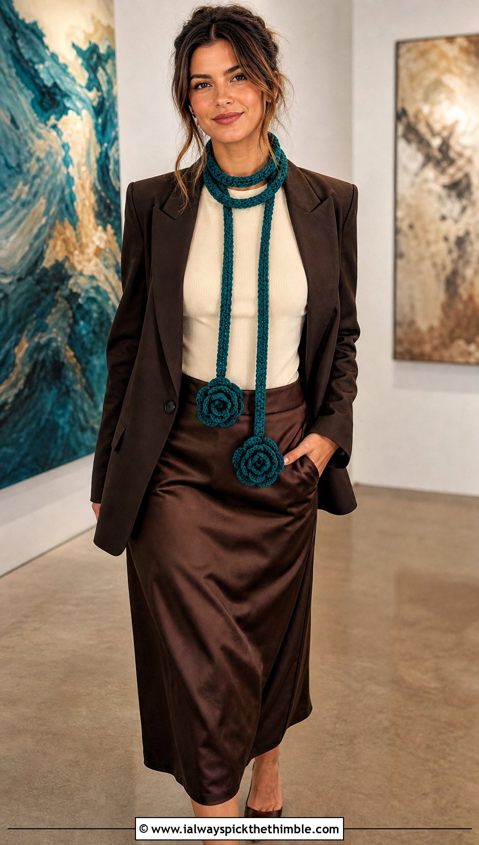 Rose Lariat Crochet Flower Scarf With Blazer And Satin Skirt - 25 crochet flower scarf outfit ideas