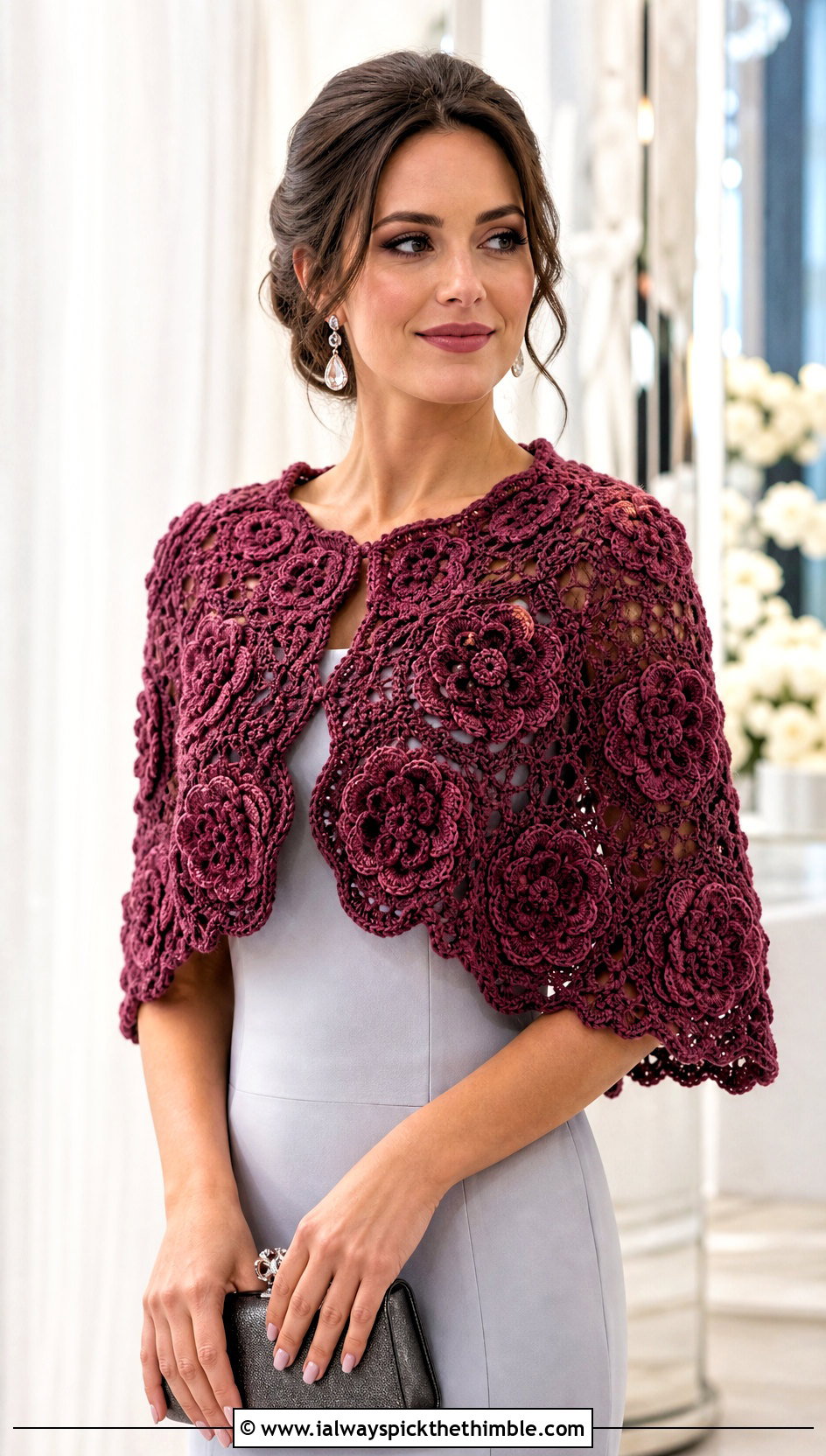 Rose Medallion Cape Shawl With Column Dress - 20 Crochet Rose Shawl outfit ideas
