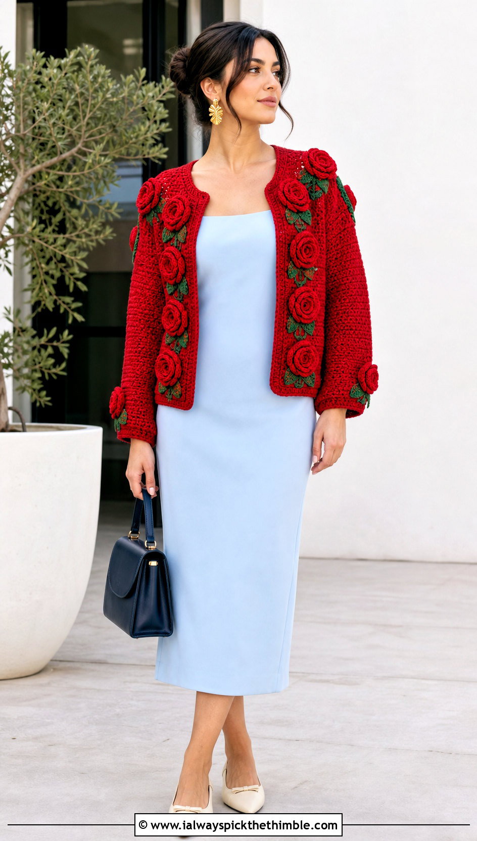 Rose Motif Cardigan Sweater With Column Dress - 15 floral crochet sweater style outfit ideas