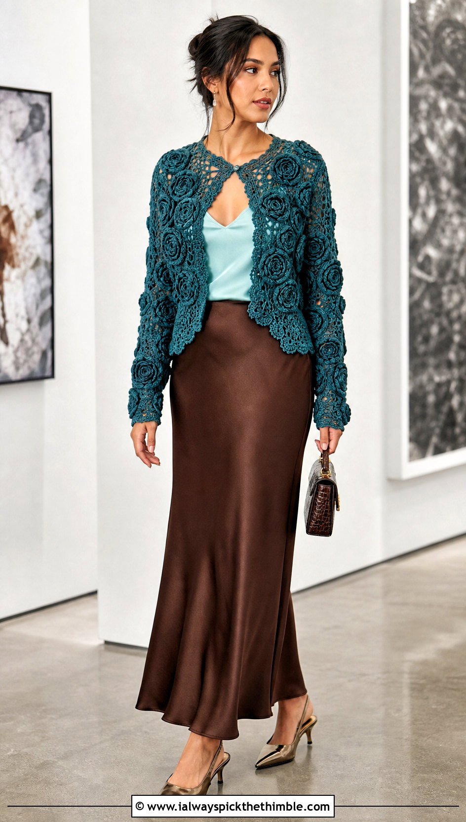 Rose Motif Cardigan With Satin Maxi Skirt - 20 crochet flower cardigan outfit ideas