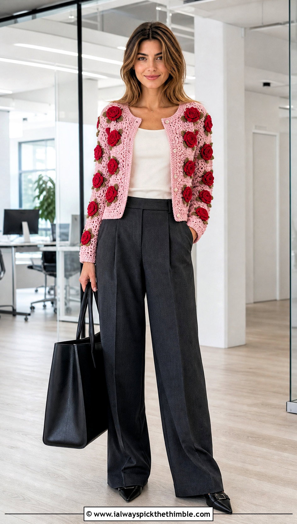 Rose Motif Crochet Cardigan With Tailored Trousers - 20 Flower Crochet Cardigan outfit ideas