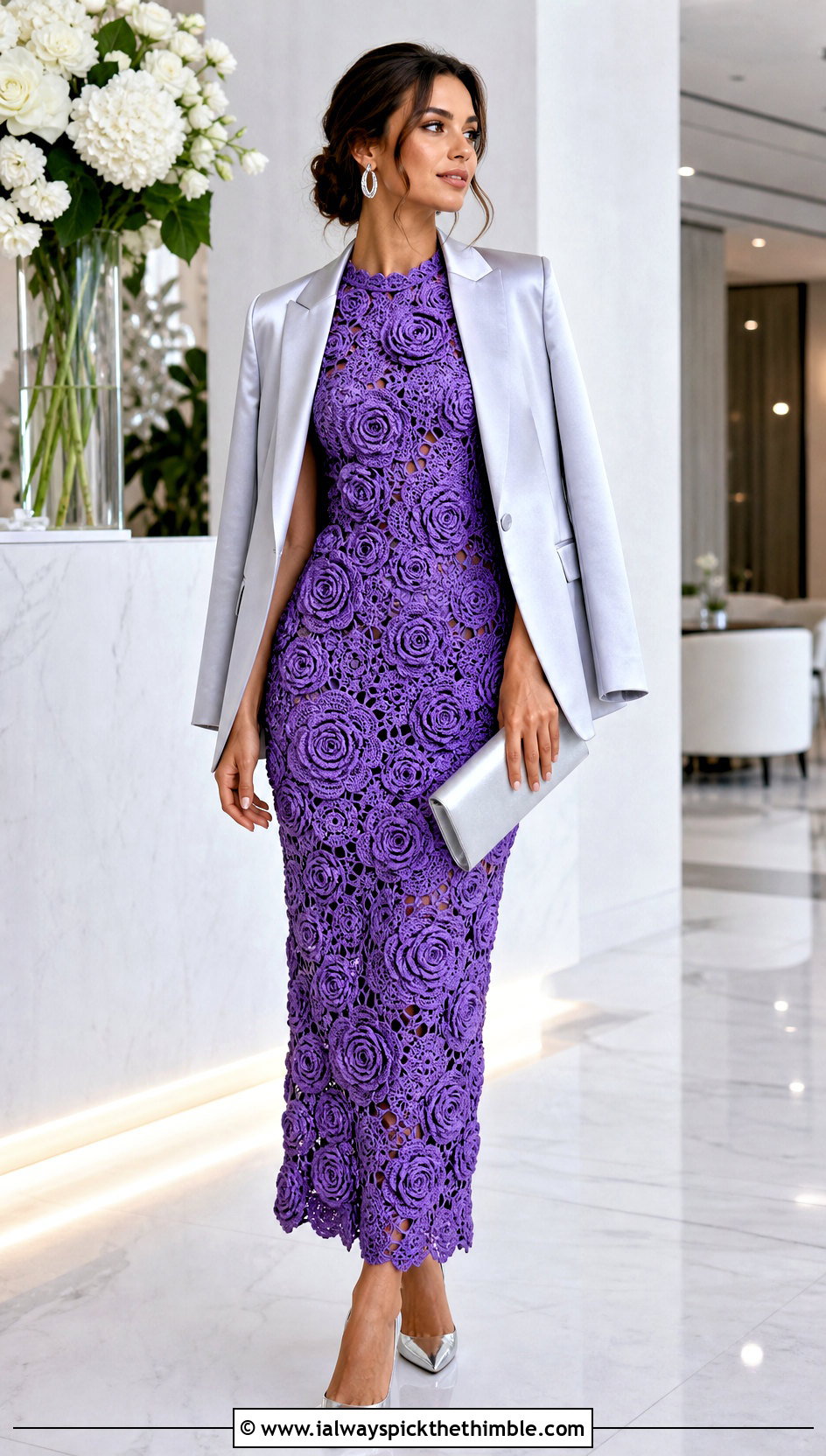 Rose Motif Crochet Column Dress With Satin Blazer - 25 Crochet Flower Dress outfit ideas
