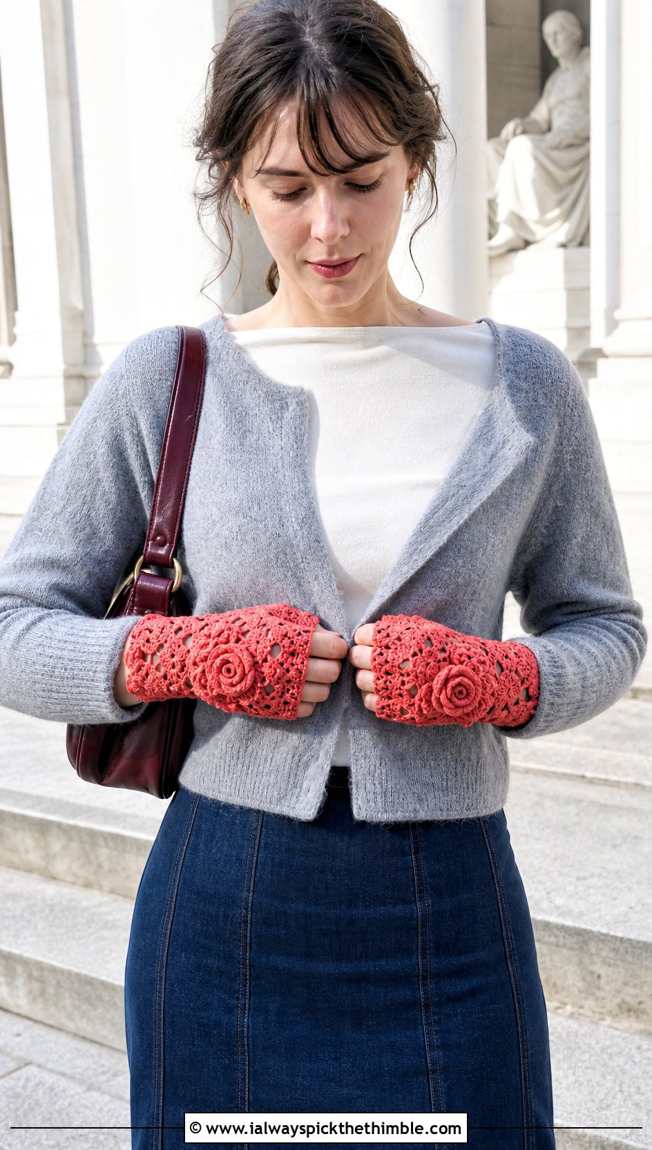 Rose Motif Crochet Lace Gloves With Denim Skirt - 20 crochet lace gloves outfit ideas