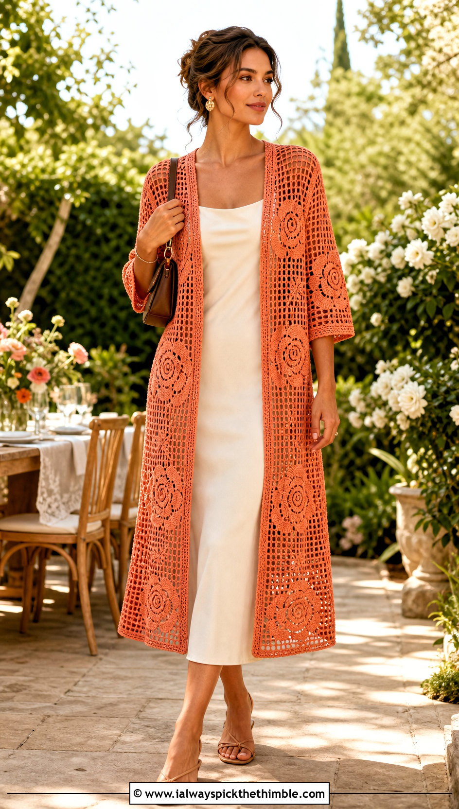 Rose Motif Filet Crochet Duster Cardigan With Column Dress - 20 filet crochet cardigan outfit ideas
