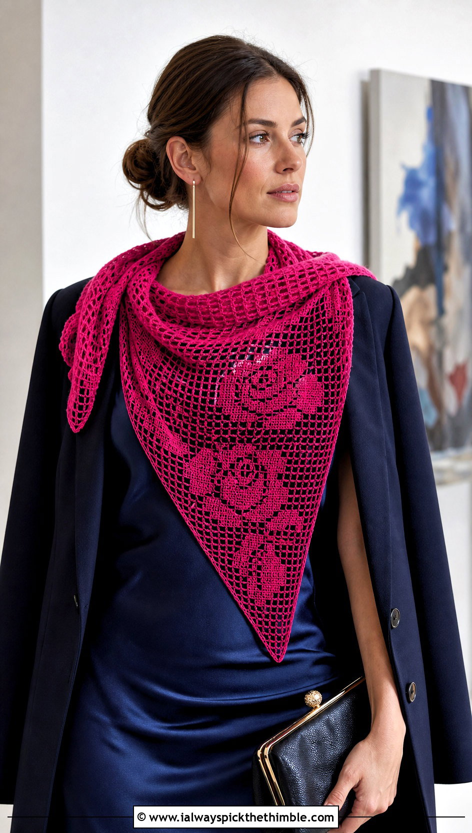 Rose Motif Filet Crochet Triangle Scarf With A Satin Slip Dress - 25 filet crochet scarf outfit ideas