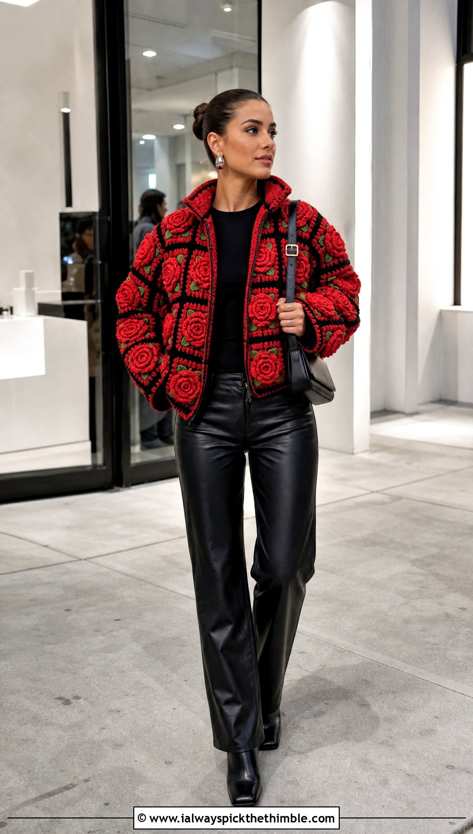 Rose Motif Granny Square Puffer Jacket With Leather Pants - 15 granny square puffer jacket outfit ideas