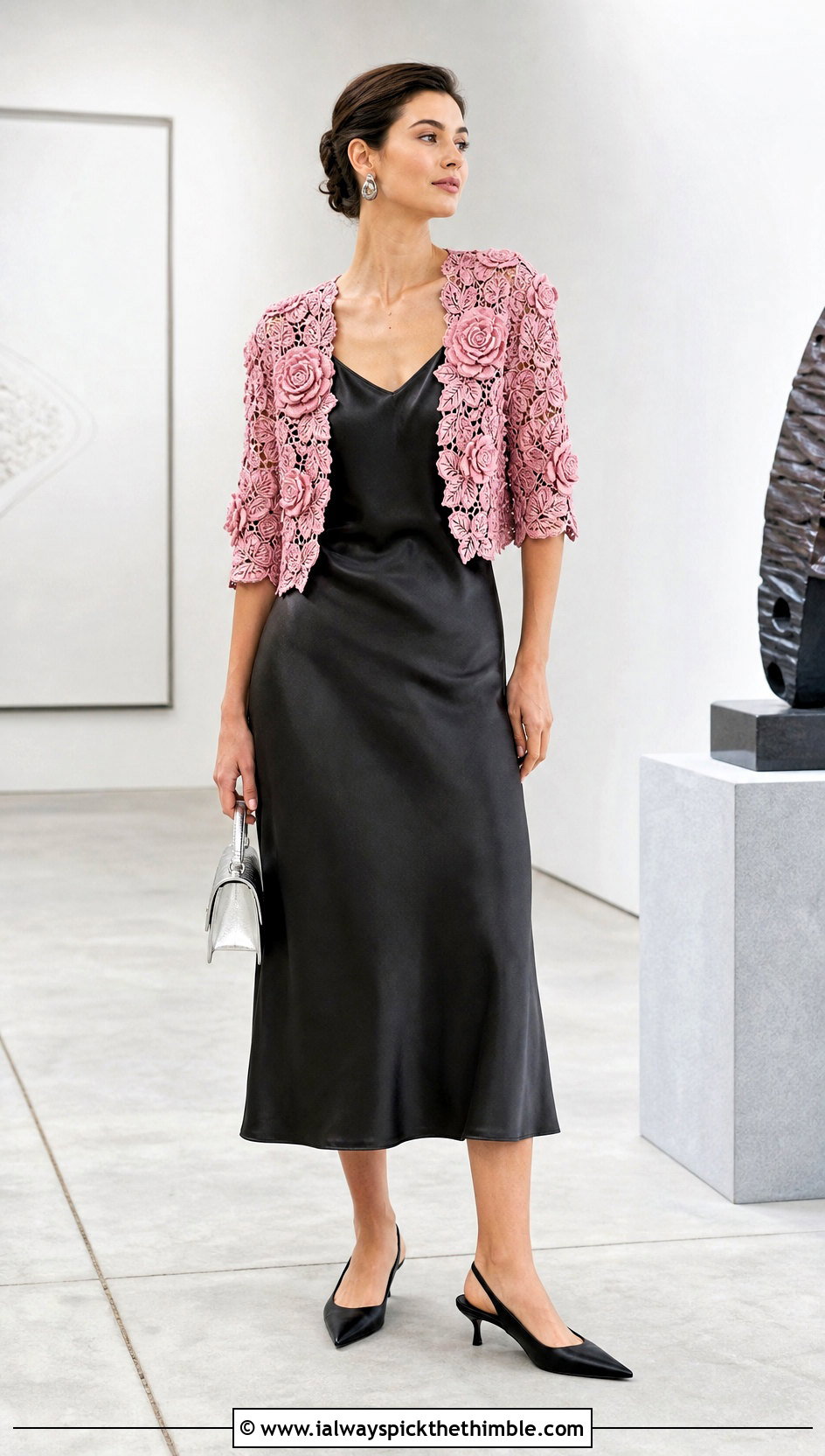 Rose Motif Irish Lace Bolero With Satin Slip Dress - 15 irish lace crochet jacket outfit ideas