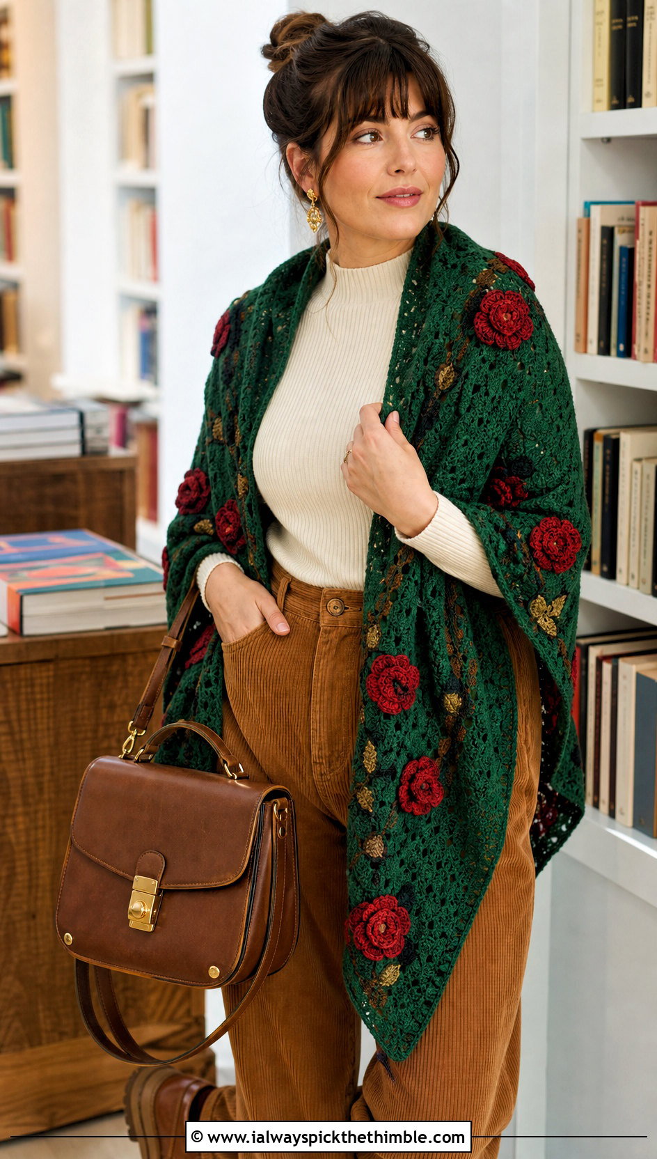 Rose Motif Shawl With Corduroy Pants - 20 Vintage Crochet Shawl outfit ideas