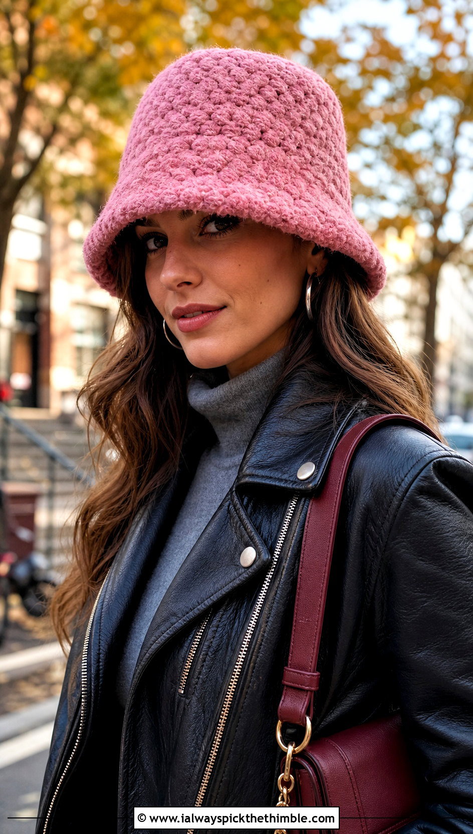 Rose Pink Fuzzy Crochet Bucket Hat With Leather Jacket - 15 pink crochet bucket hat outfit ideas