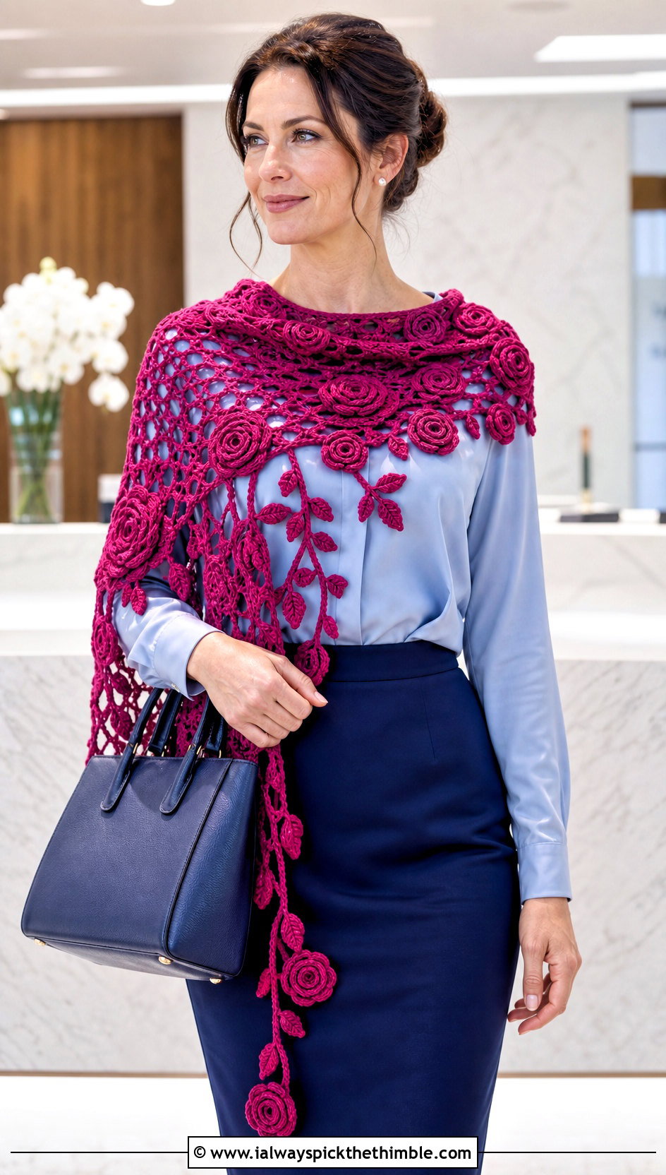 Rose Vine Shawl With Pencil Skirt - 20 Crochet Rose Shawl outfit ideas