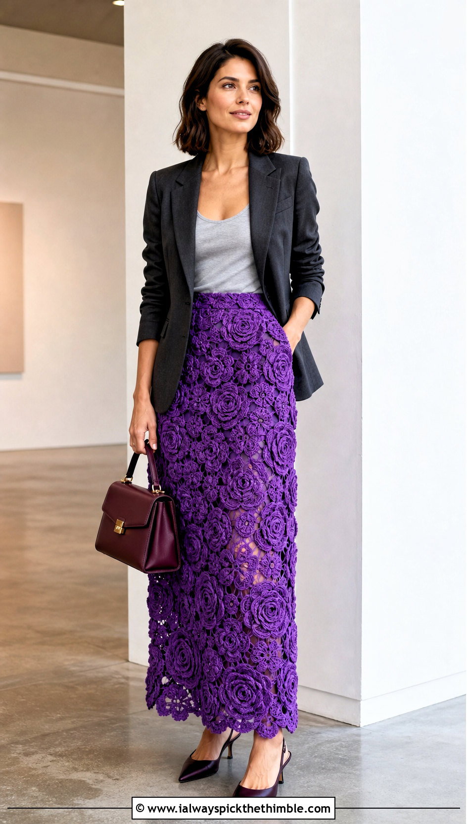Rosette Applique Crochet Flower Maxi Skirt With Blazer - 25 crochet flower skirt outfit ideas